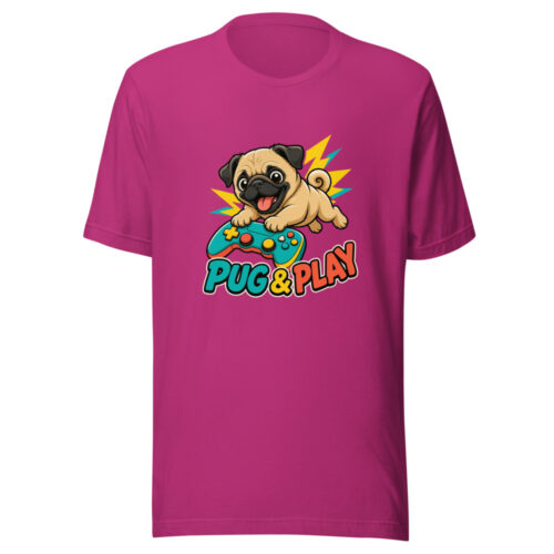 Pug & Play Pet-gaming-pun Graphic Tee mockup 1 Pug & Play Pet-gaming-pun Graphic Tee front view
