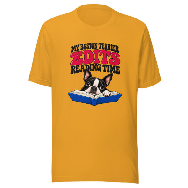 My Boston Terrier Edits Reading Time Graphic Tee mockup 1 My Boston Terrier Edits Reading Time Graphic Tee front view