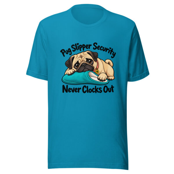 Pug Slipper Security Never Clocks Out Graphic Tee mockup 2 Pug Slipper Security Never Clocks Out Graphic Tee mockup 2